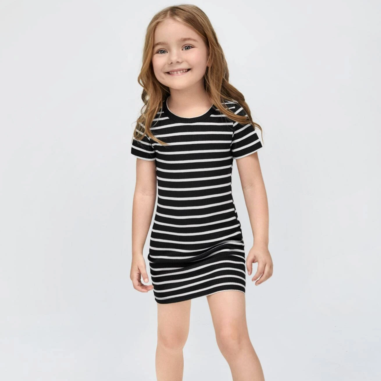 Mom and Daughter Matching Striped Ribbed Knit Bodycon Short Sleeve Dress