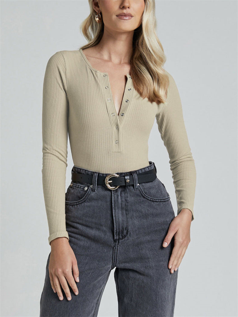 High Waisted Bodysuit with Stud Details and Ribbed Long Sleeves