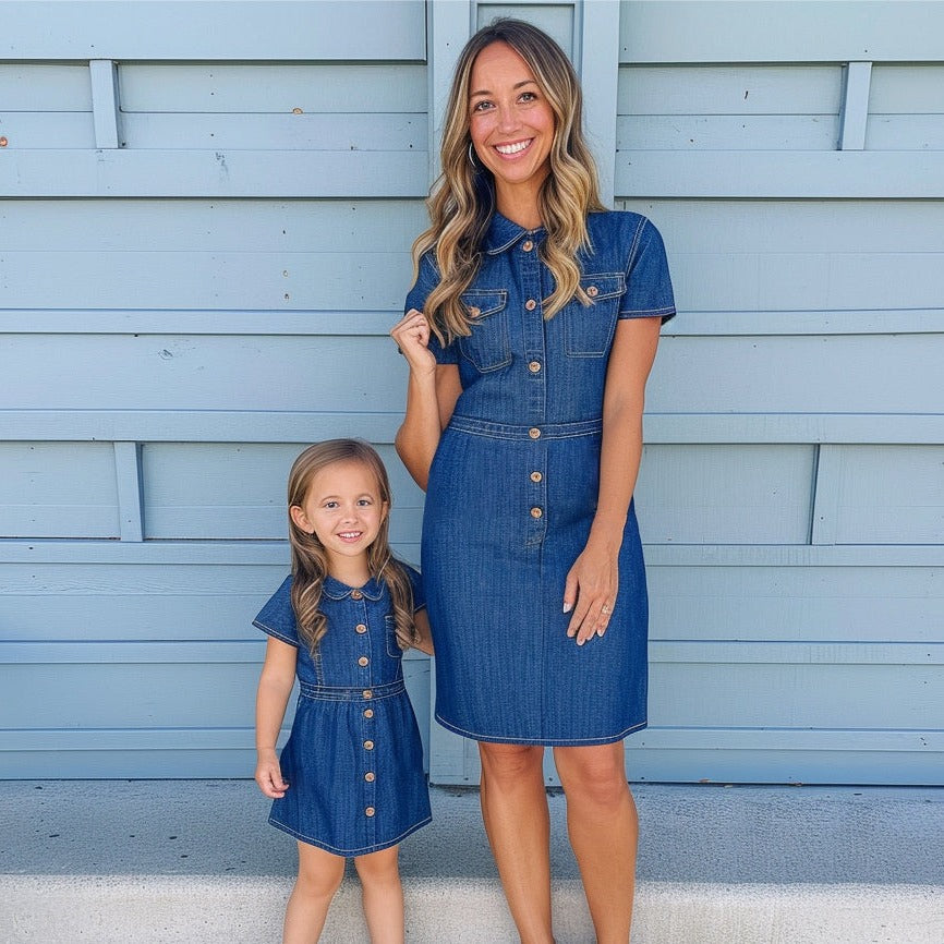 Mom and Daughter Pocket Button Front Denim Short Sleeve Dress
