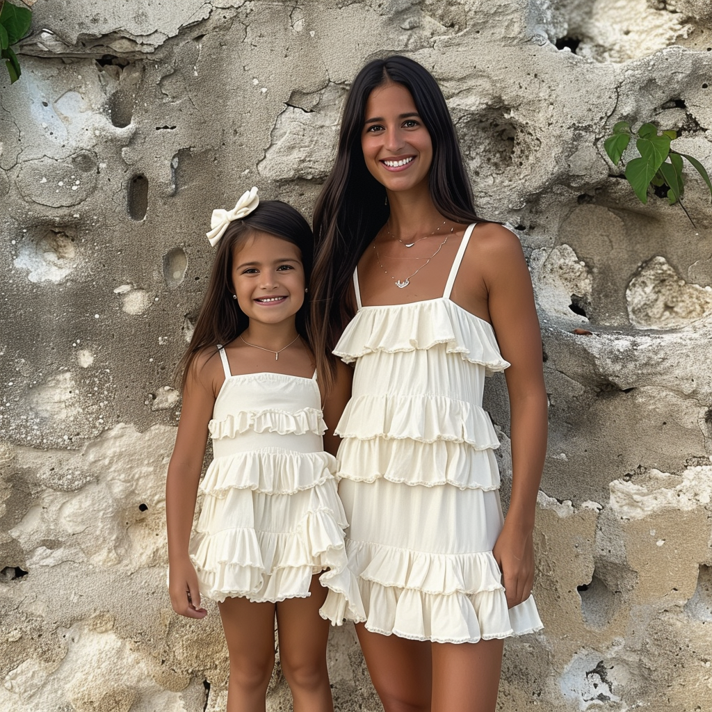 Mom and Daughter White Matching Ruffle Trim Cami Dress