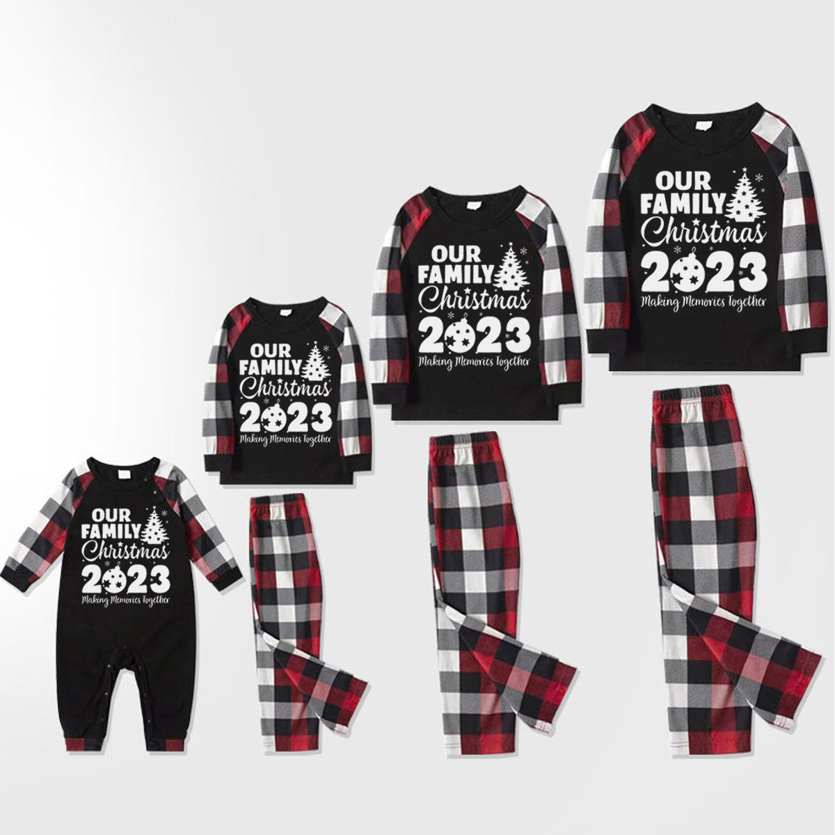 Christmas ‘ Family Christmas 2023’ Letter Print Patterned Casual Long Sleeve Sweatshirts Contrast Tops and Red & Black & White Plaid Pants Family Matching Pajamas Set With Dog Bandana