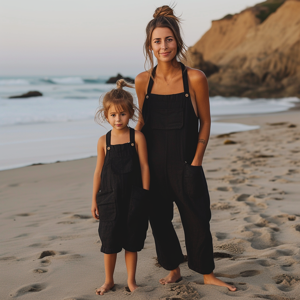 Mom and Daughter Matching Black Solid Pocket Patched Overall Jumpsuit