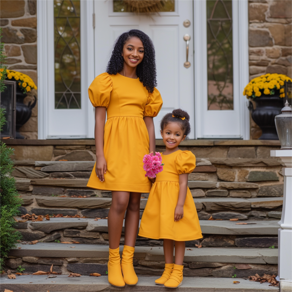 Mom and Daughter Matching Solid Puff Sleeve Dress