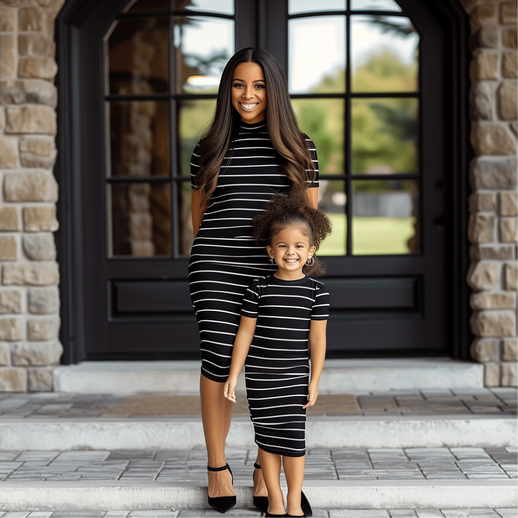 Mom and Daughter Matching Striped Ribbed Knit Bodycon Short Sleeve Dress