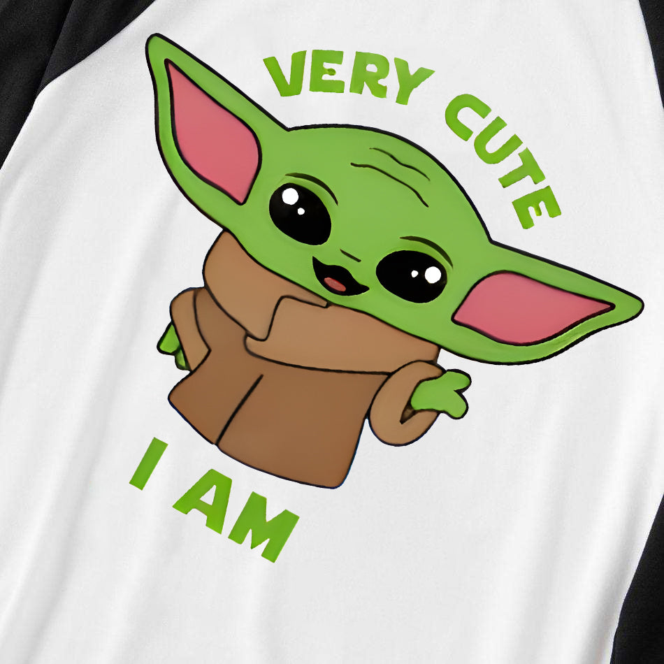 Christmas Baby Yoda Pattern and "I Am Very Cute" Letter Print Casual Long Sleeve Sweatshirts Black Contrast Top and Black and Green Plaid Pants Family Matching Pajamas Sets