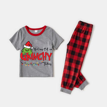 Christmas Antlers Letter Print Red Plaid Family Matching Short-sleeve Black Pajamas Sets