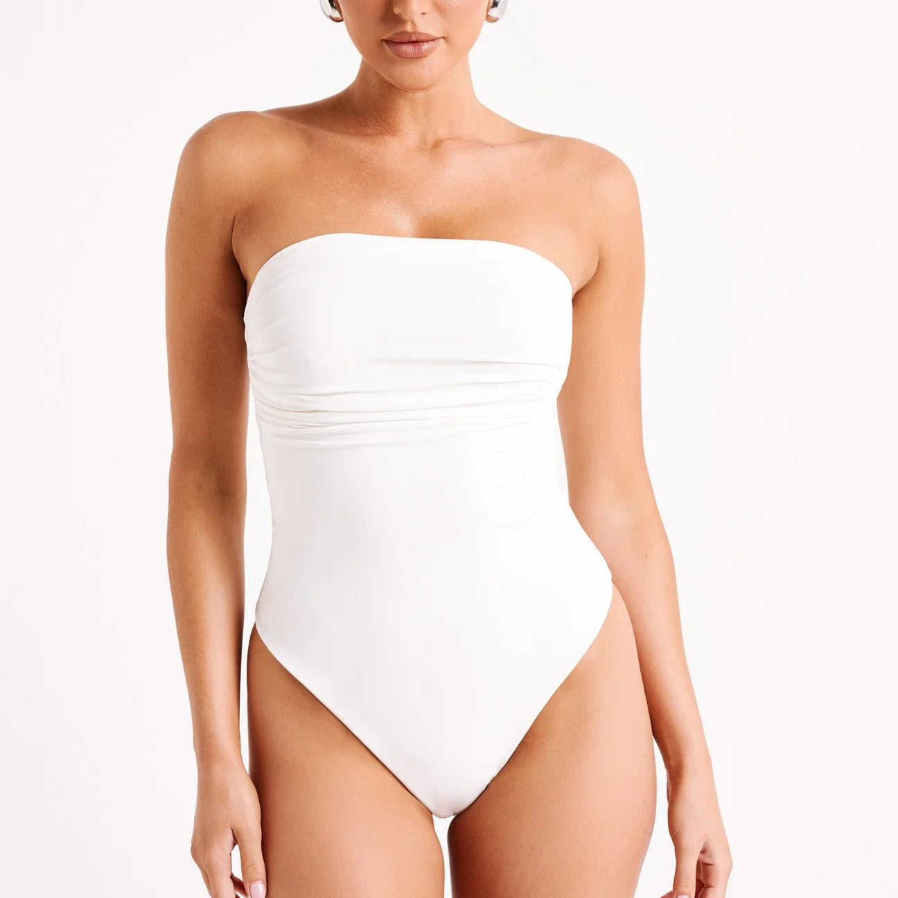 Sculpting Bodysuit Hugging Strapless with Sexy Pleated Details