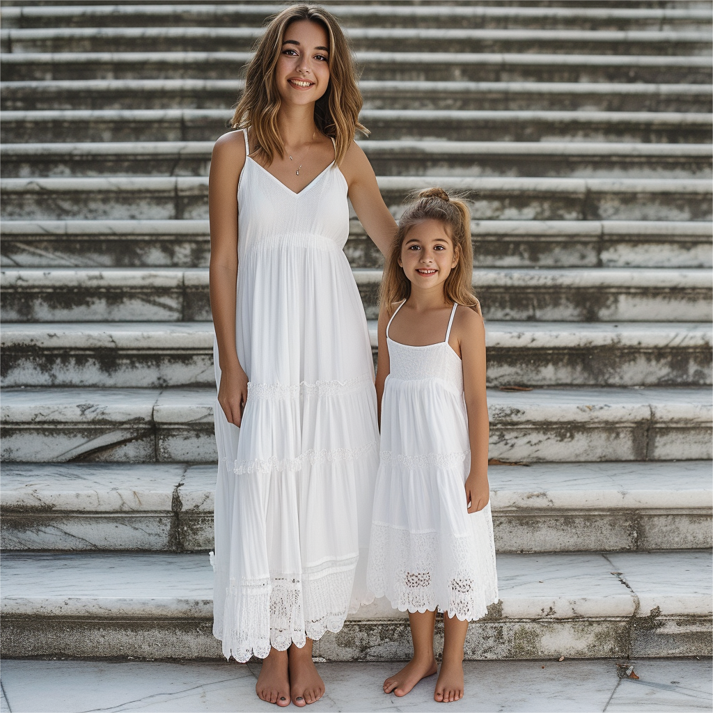 Mom and Daughter Matching White Lace Insert Cami Dress