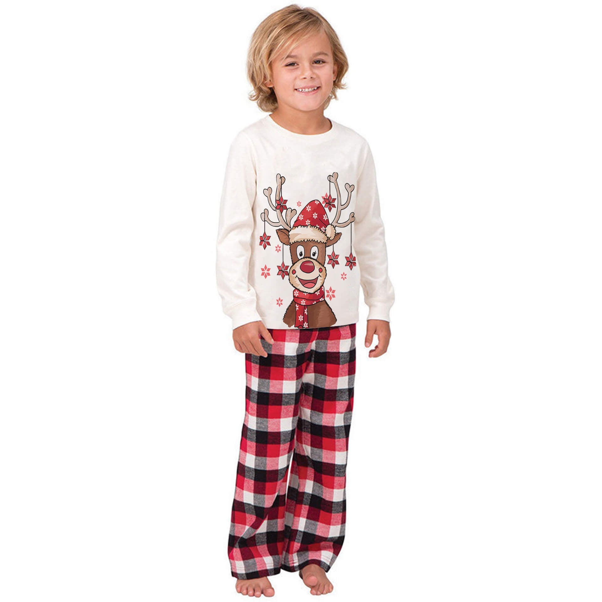 Christmas Deer Cartoon Print Plaid Matching Pajamas Set for Family With Dog