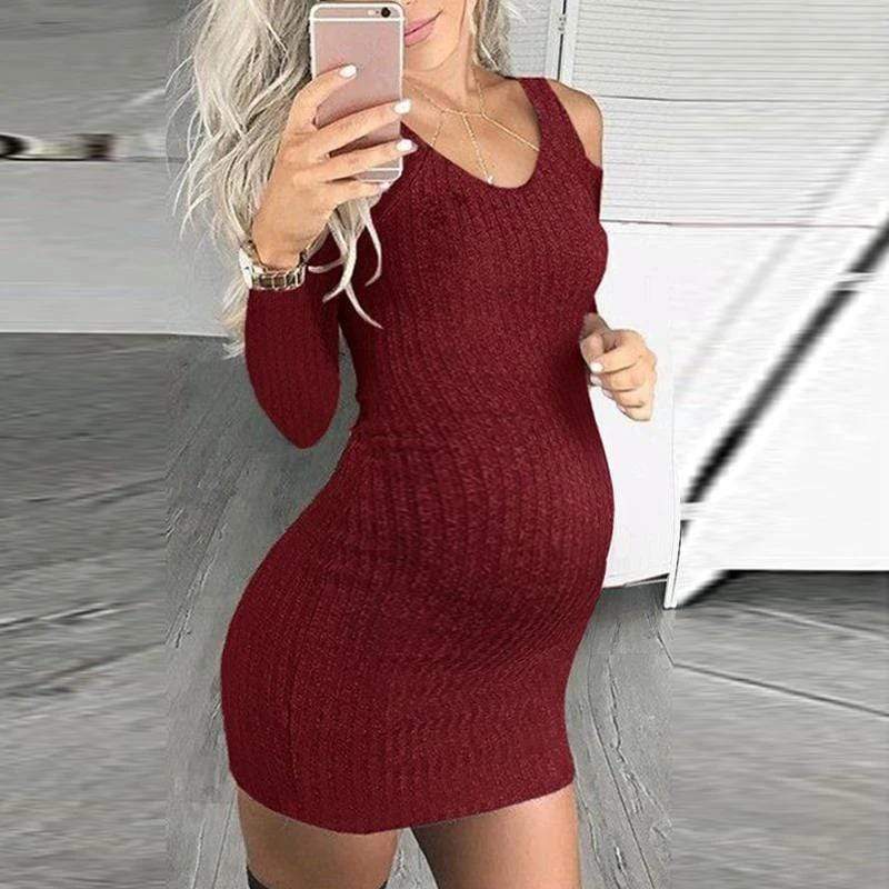 maternity long sleeve round collar pure color dress