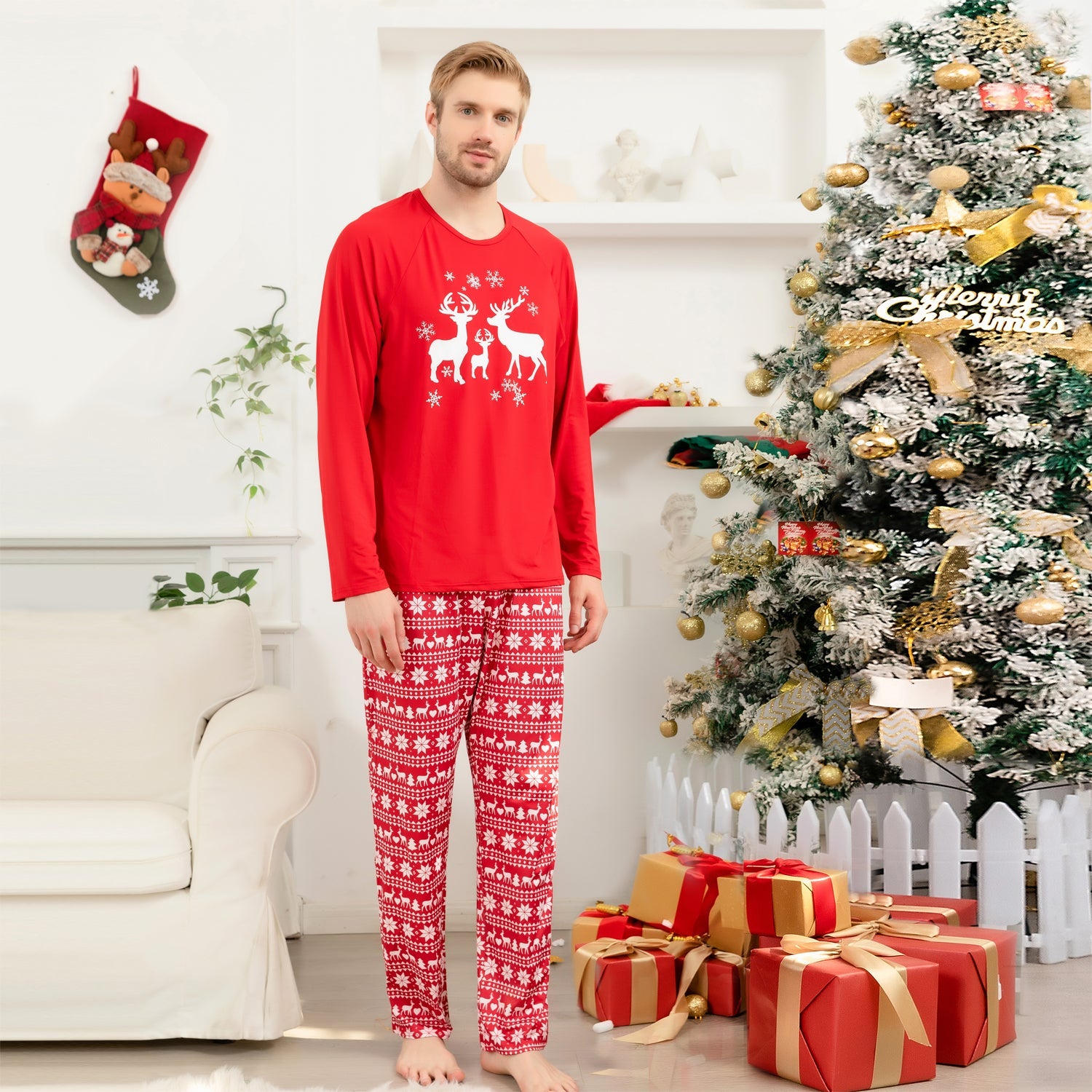 Family Matching Christmas Reindeer Print Christmas Red Family Look Pajama Set
