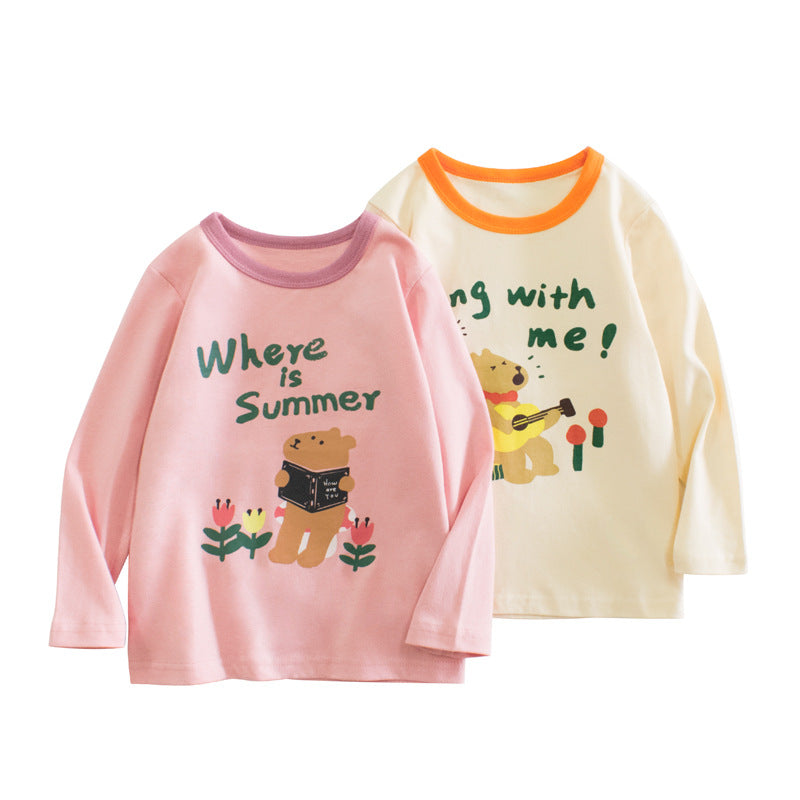 Toddler Girls Bear Print 100% Cotton Long Sleeve Tee