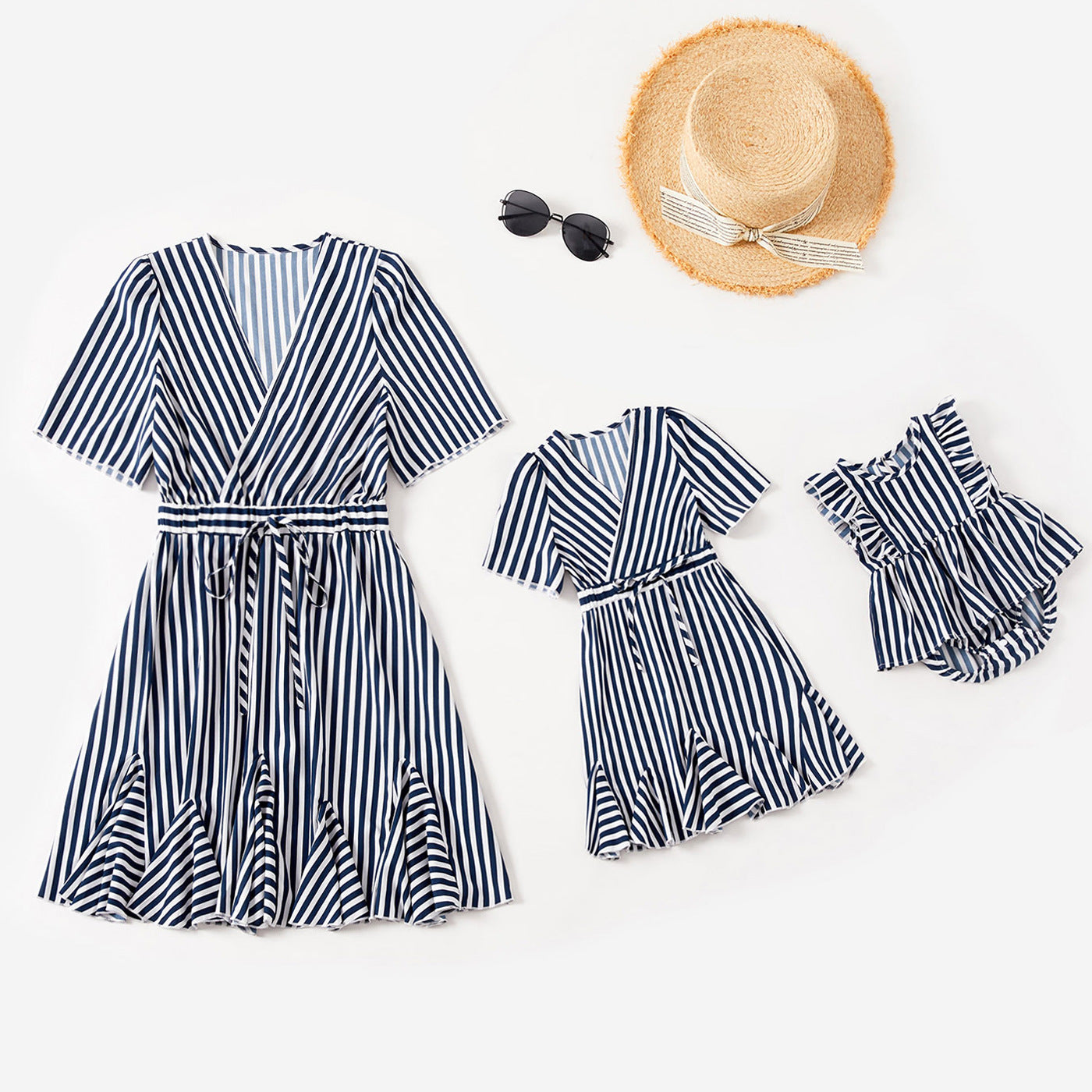 Mom and Daughter Striped Short Sleeve Belted Dress