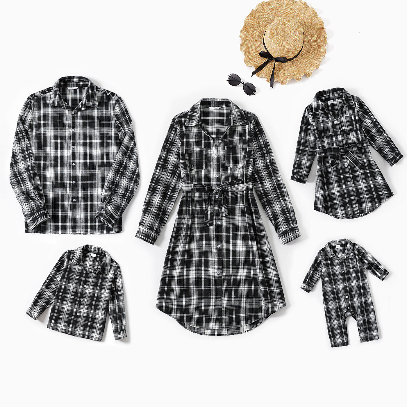 Family Matching Outfit Belted Long Sleeve Shirt Dress and Shirts Sets