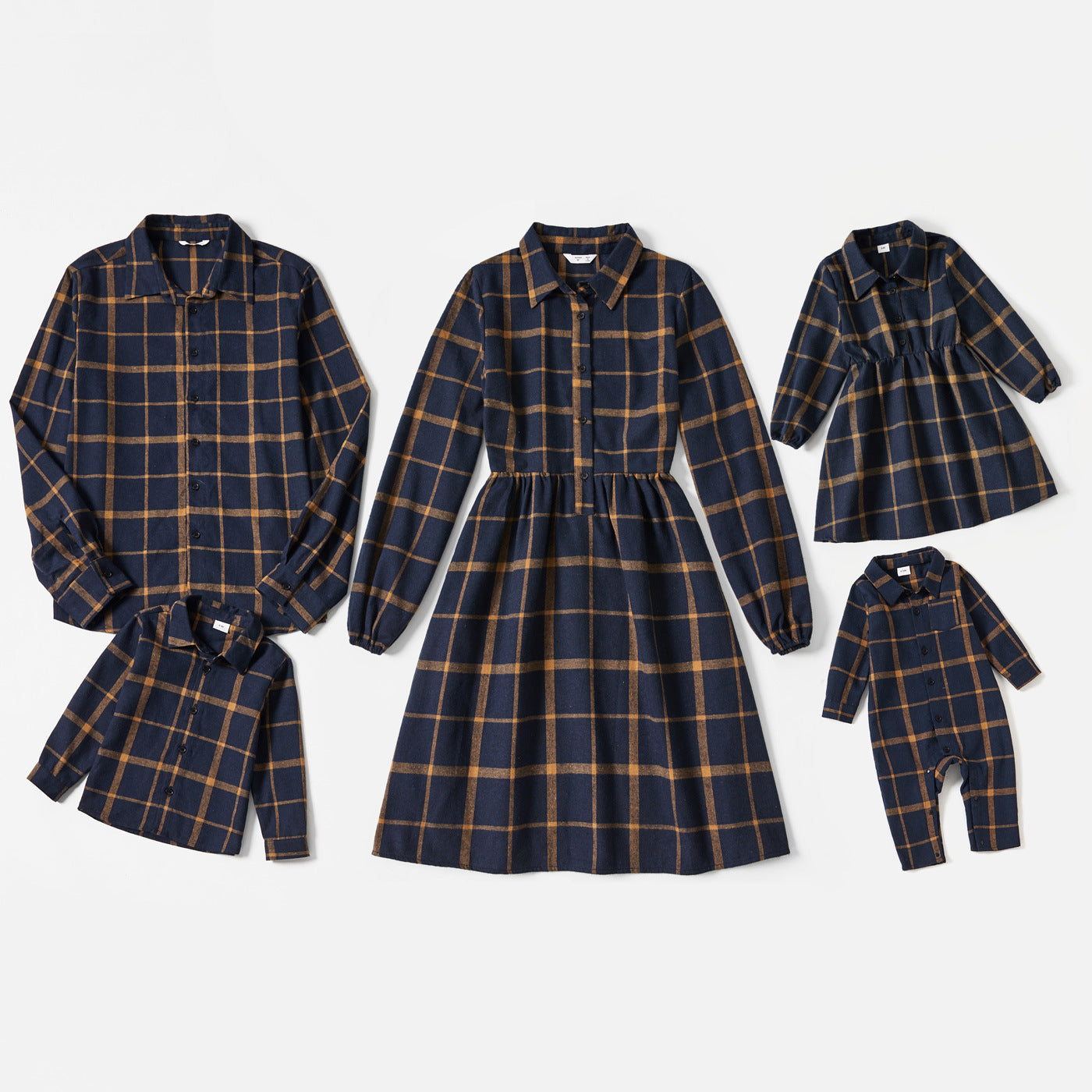 Family Matching Plaid Print Blue Long-sleeve Family Dresses and Shirts Sets