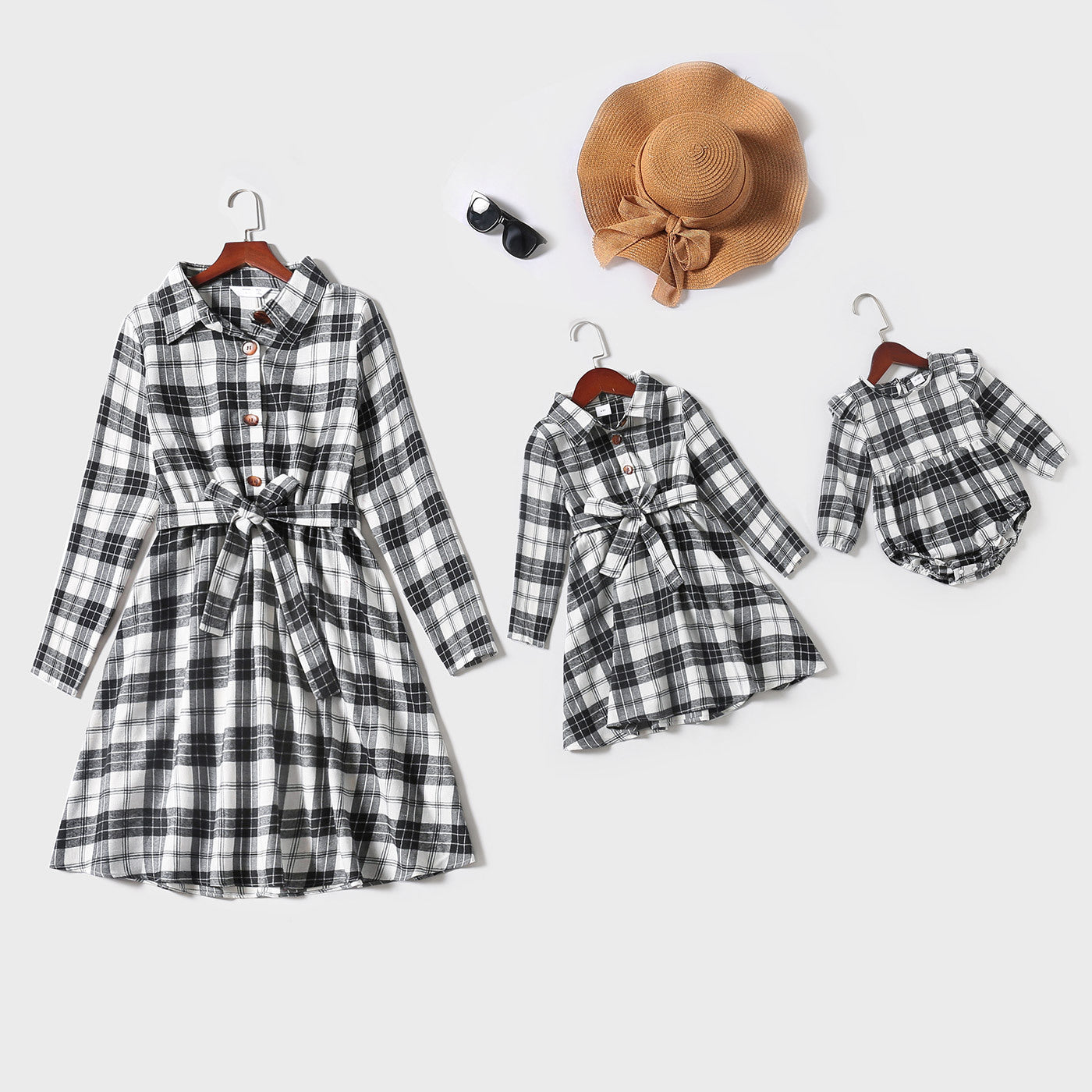 Mom and Daughter Plaid Print Long Sleeve Belted Shirt Dress