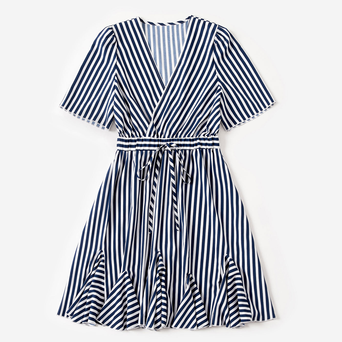 Mom and Daughter Striped Short Sleeve Belted Dress