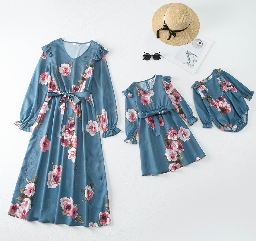 Floral Print Ruffle Long-sleeve Belted Dress for Mom and Me