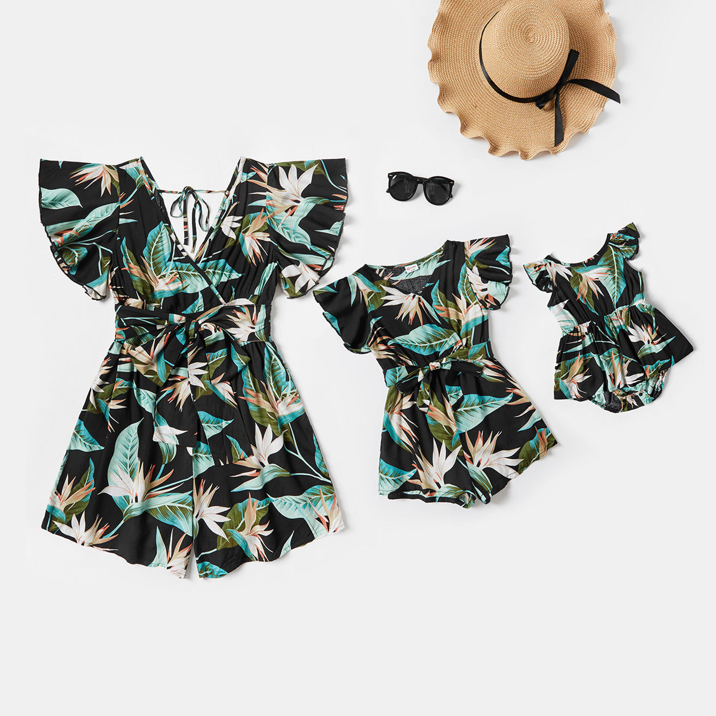 All Over Tropical Plant Print Romper Shorts for Mom and Me