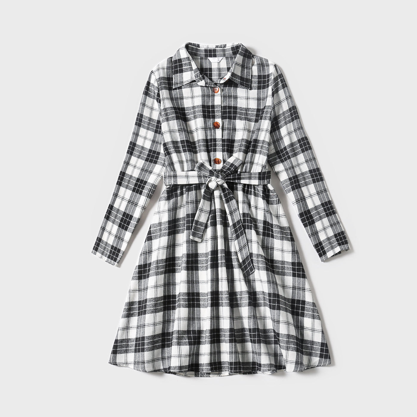 Mom and Daughter Plaid Print Long Sleeve Belted Shirt Dress