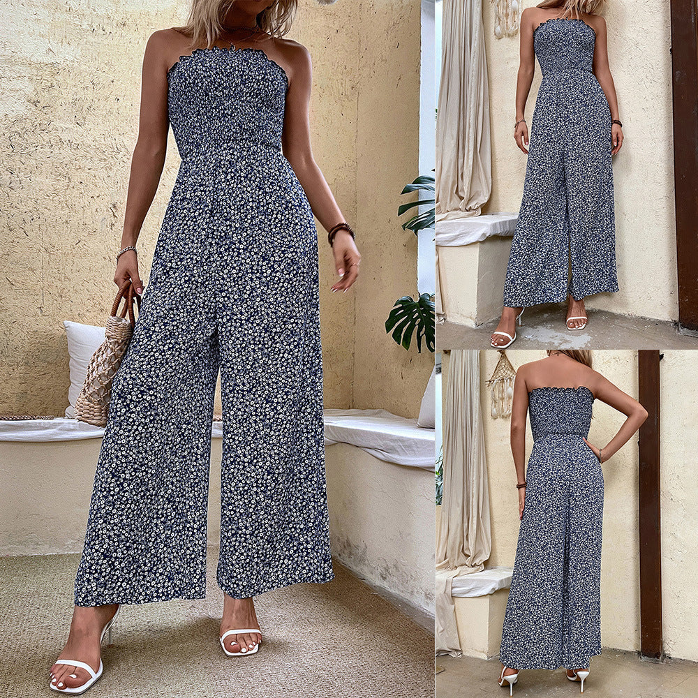 Shirred Bodice Allover Print Jumpsuit Without Belt