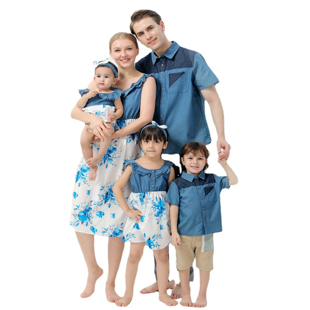 Floral Print Denim Splice Family Matching Denim Blue Sets