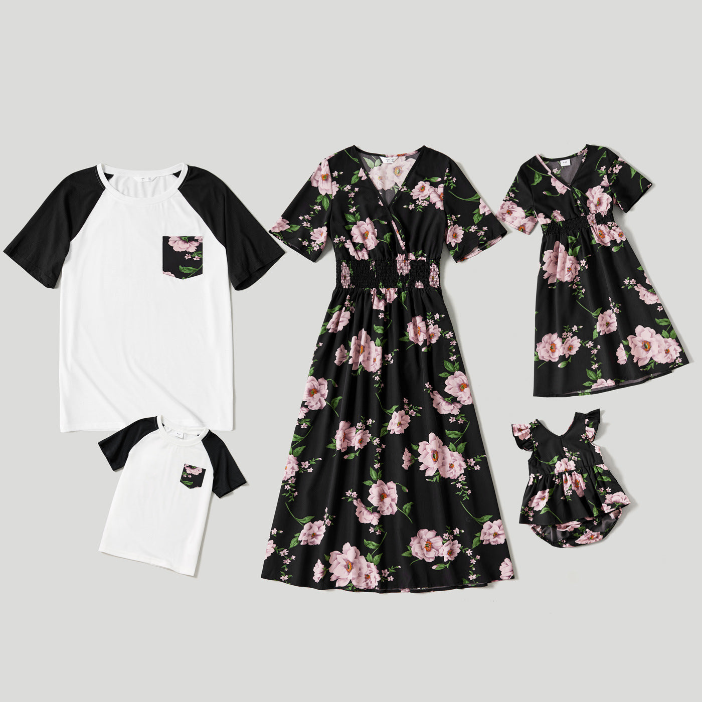 Family Matching All Over Floral Print Short-sleeve Dresses and Colorblock T-shirts Sets