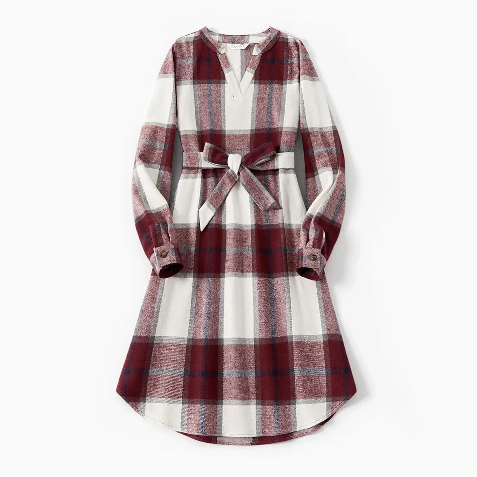 Family Matching Outfit Plaid Print Belted Shirt Dress and Shirts Sets