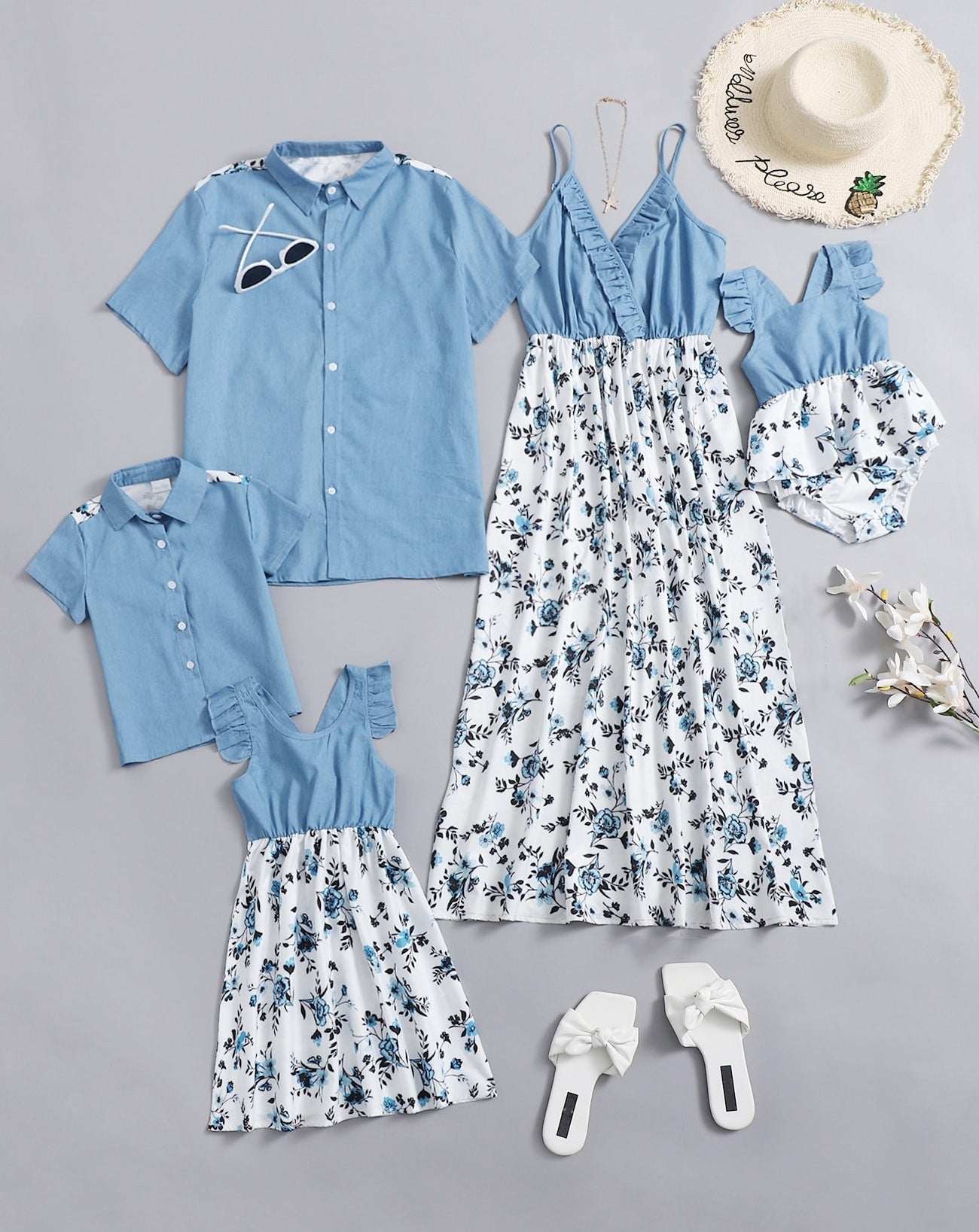 Denim Patchwork Mom and Me Flowers Pattern Matching Sets in light Blue