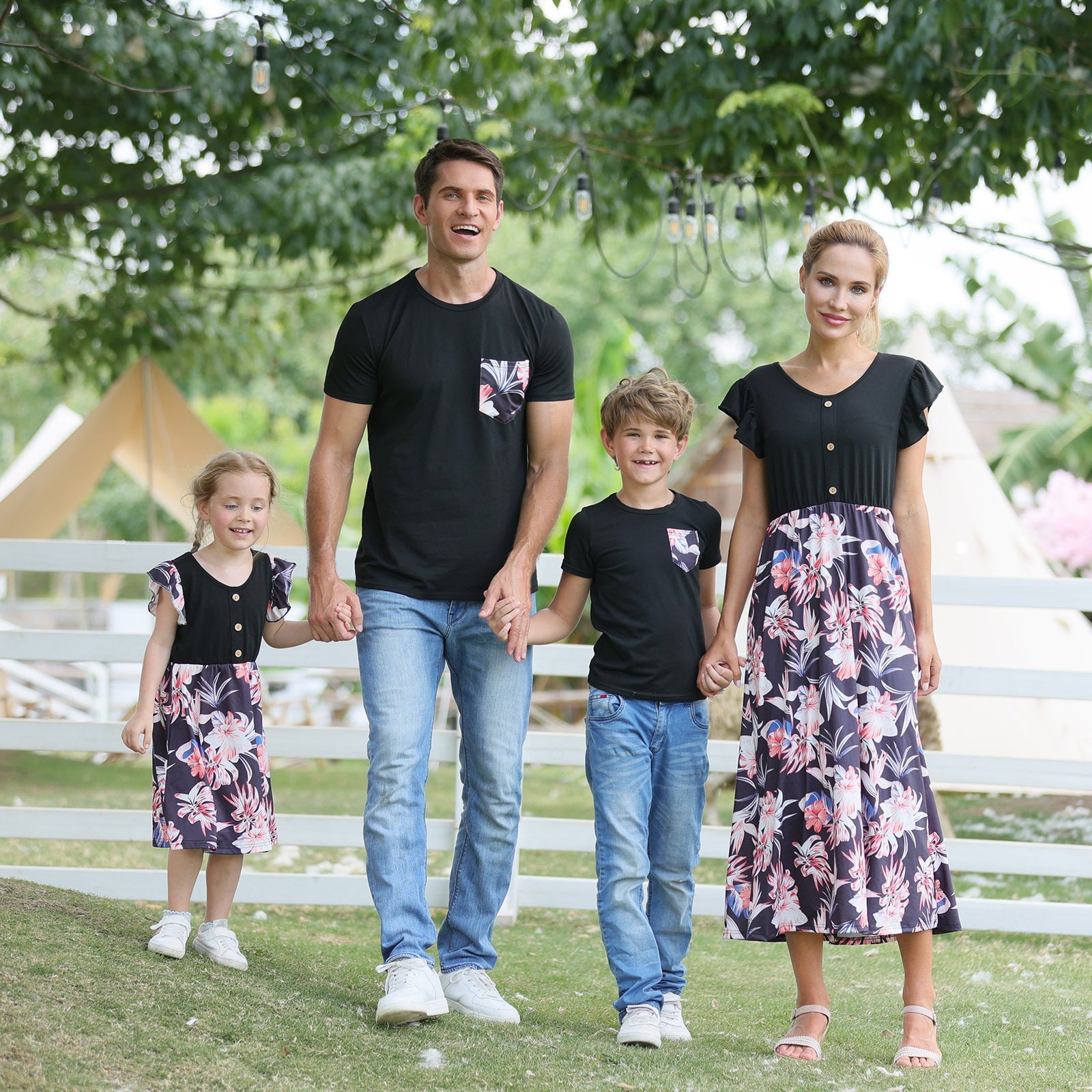 Family Matching Floral Print Splicing Dresses and Short-sleeve T-shirts Sets