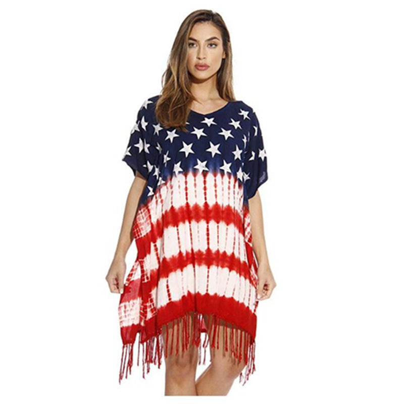 Women 4th Of July American Flag Print Tassel Cover Up