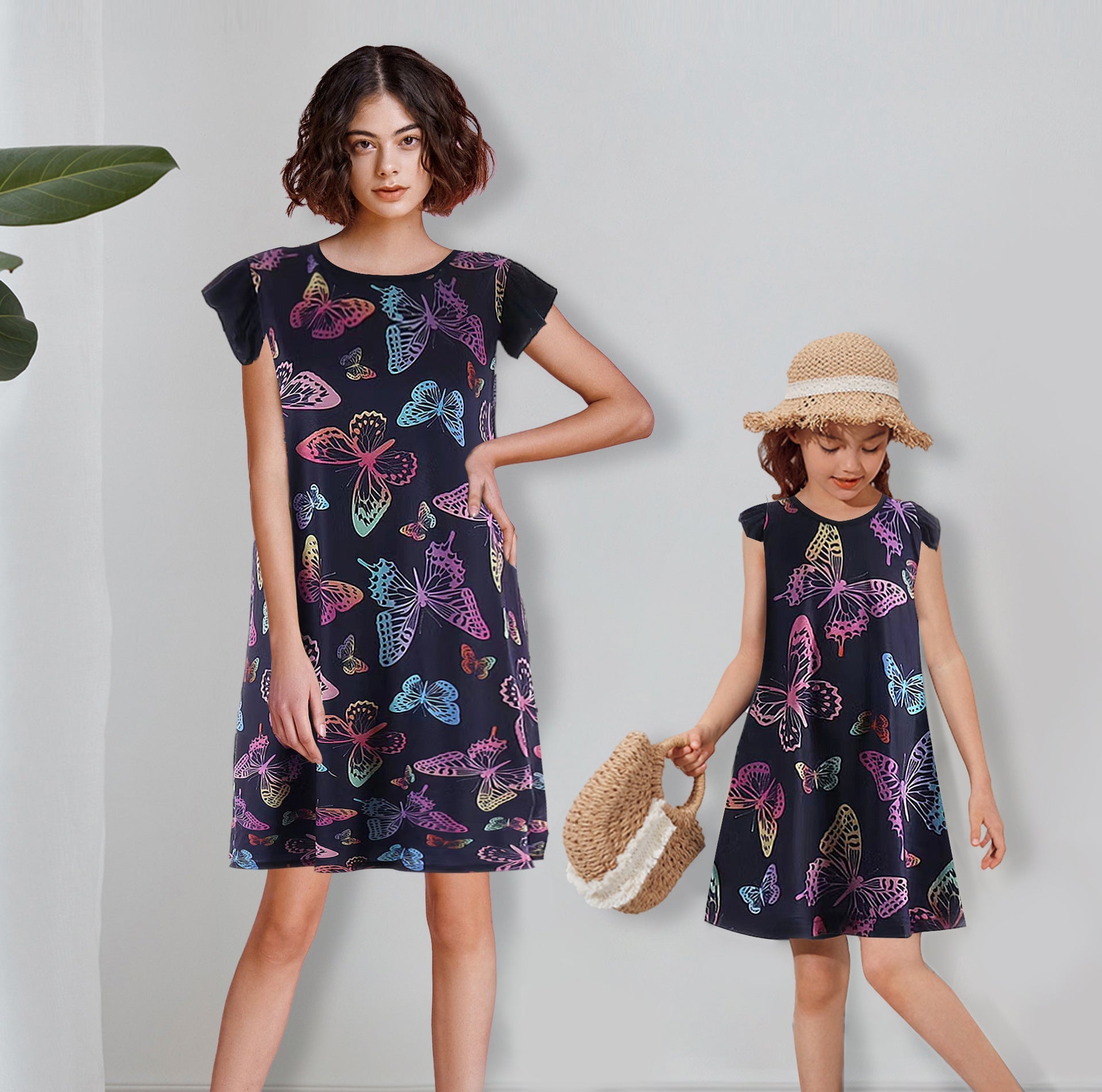 Mommy and Me Matching Dress Butterfly Print Short Dress