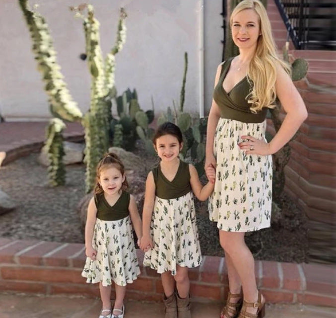 Mommy and Me Chic V-neck Cactus Charm Matching Dress