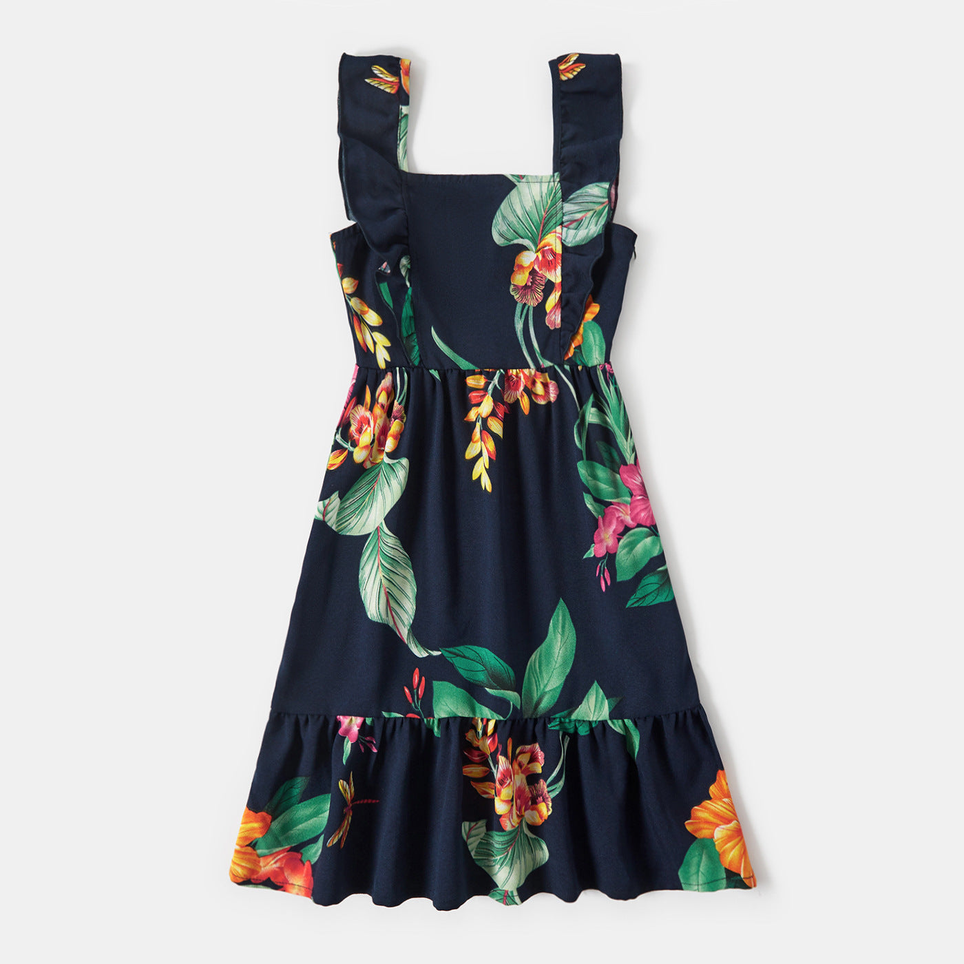 Family Matching All Over Floral Print Ruffle Deep V Neck Sleeveless Dresses and T-shirts Sets