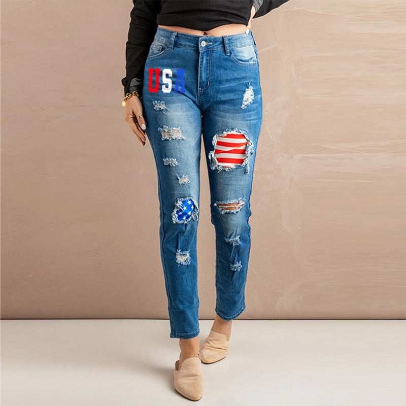 Women 4th of July Ripped Skinny Jeans