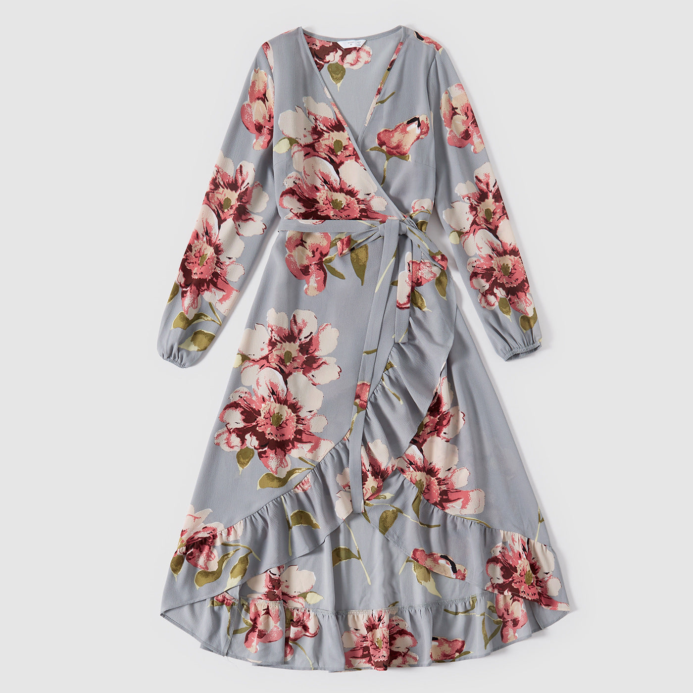 All Over Floral Print Ruffle Long-sleeve Belted Dress for Mom and Me
