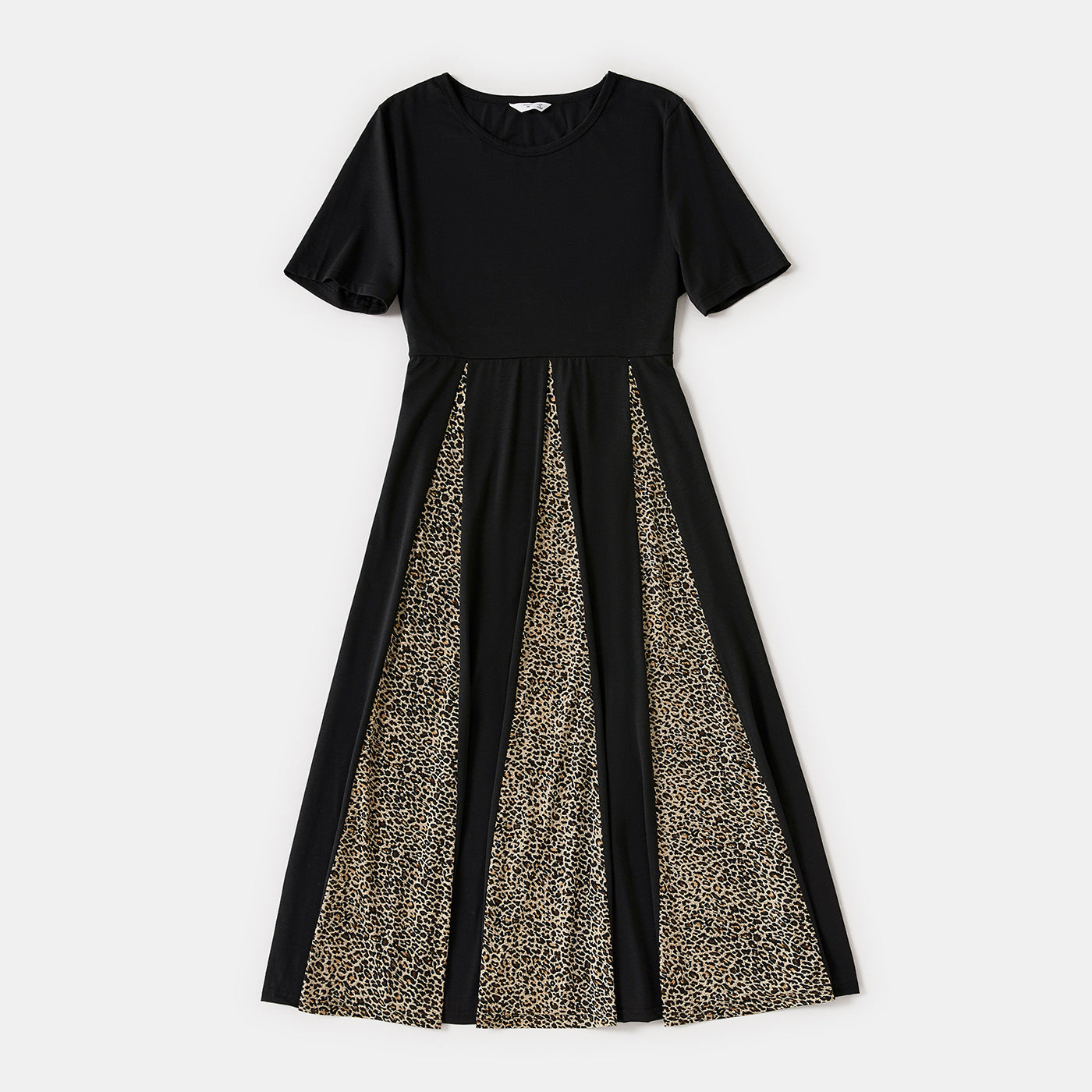 Leopard Splicing Black Round Neck Short-sleeve Dresses and T-shirts Sets