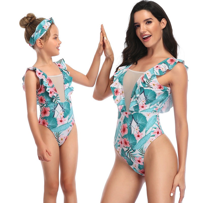 Mom and Daughter Floral Print One Piece Swimsuit