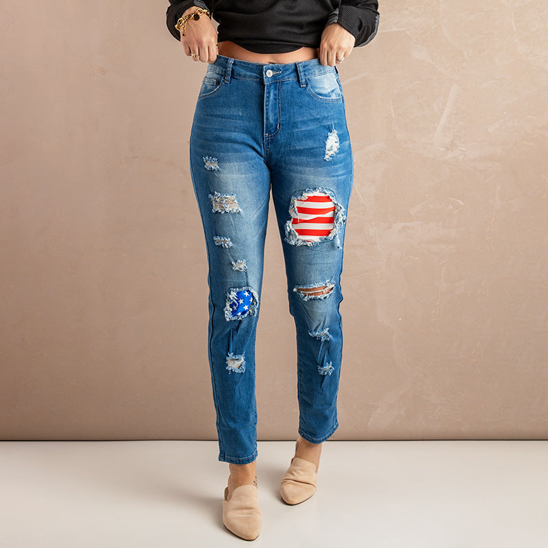 Women 4th of July Ripped Zipper Up Skinny Jeans