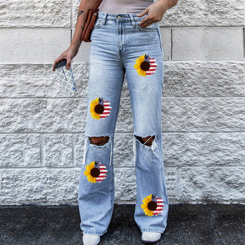 Women 4th of July Ripped Straight Jeans