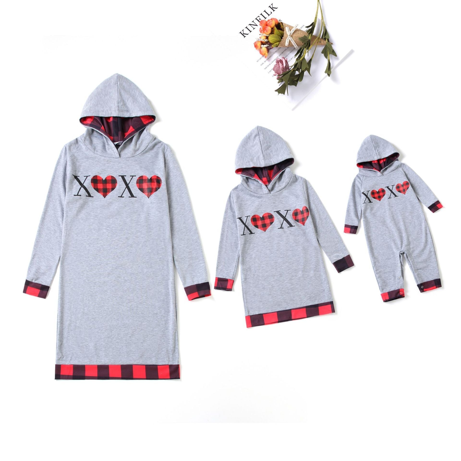 Contrast Plaid Print Long-sleeve Hoodie Dress for Mom and Me