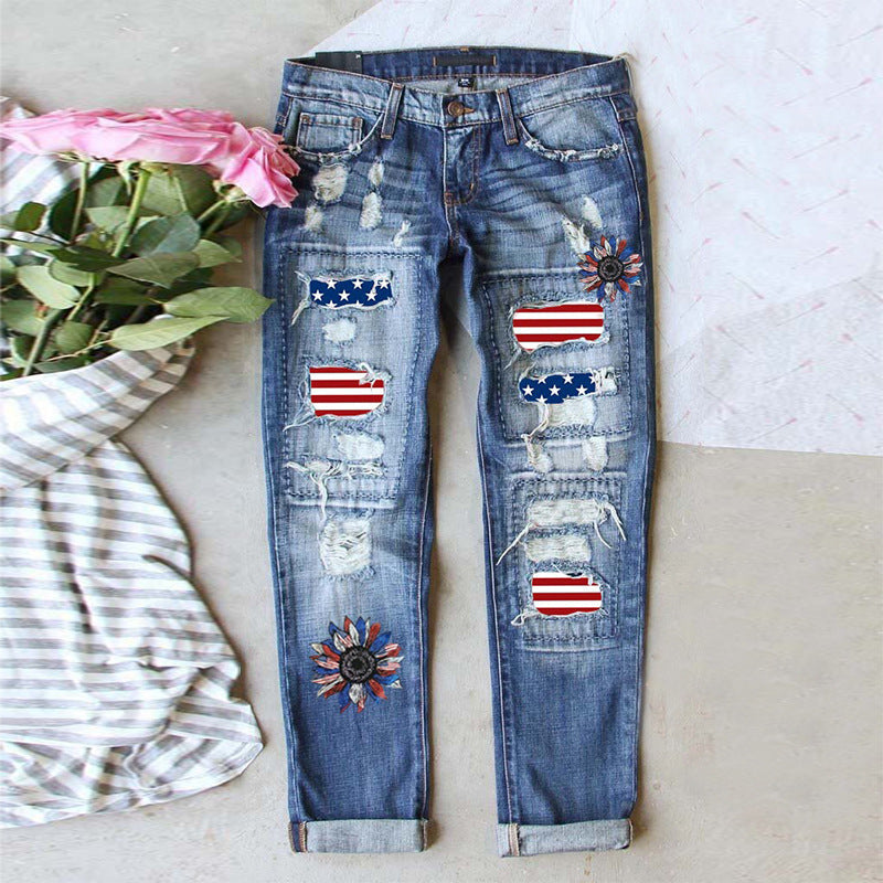 Women 4th of July High Waist Ripped Frayed Straight Leg Jeans