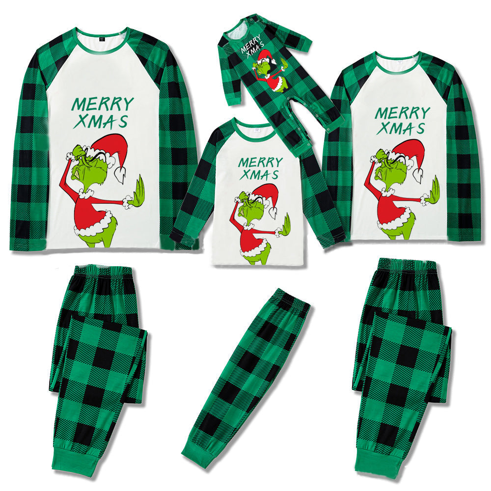 Christmas Cartoon and Letter Print Top and Green Plaid Pants Family Matching Pajamas Sets
