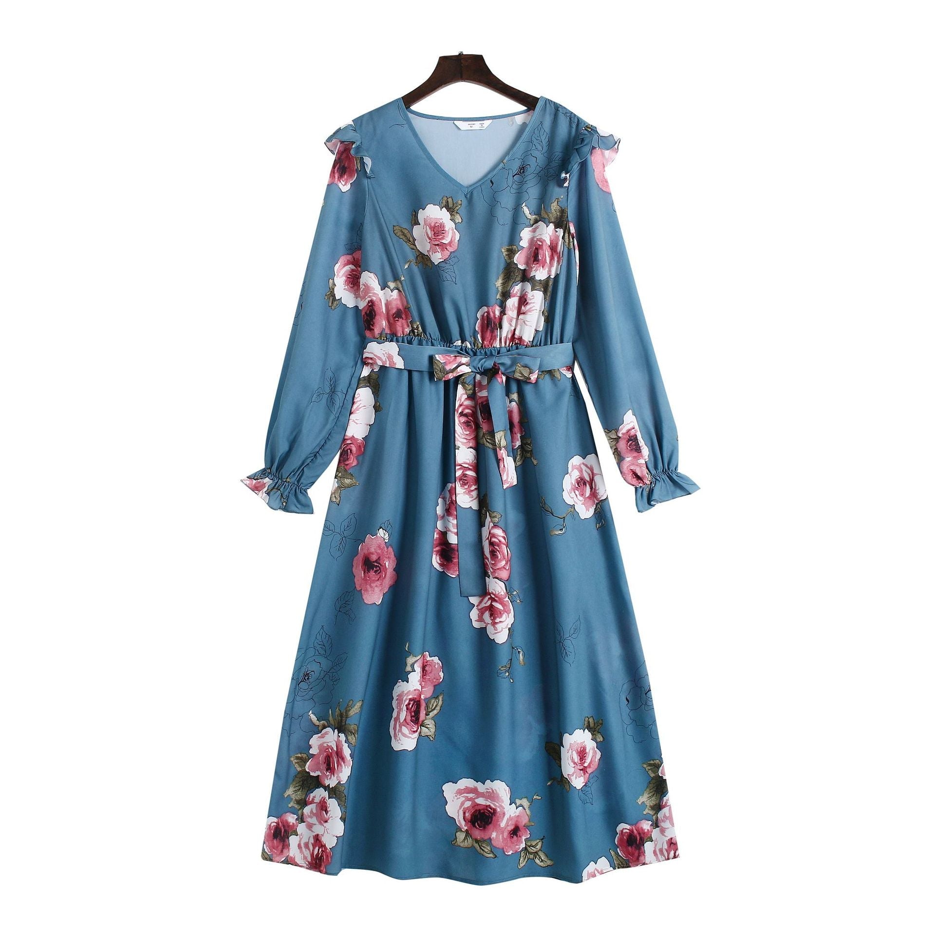 Floral Print Ruffle Long-sleeve Belted Dress for Mom and Me