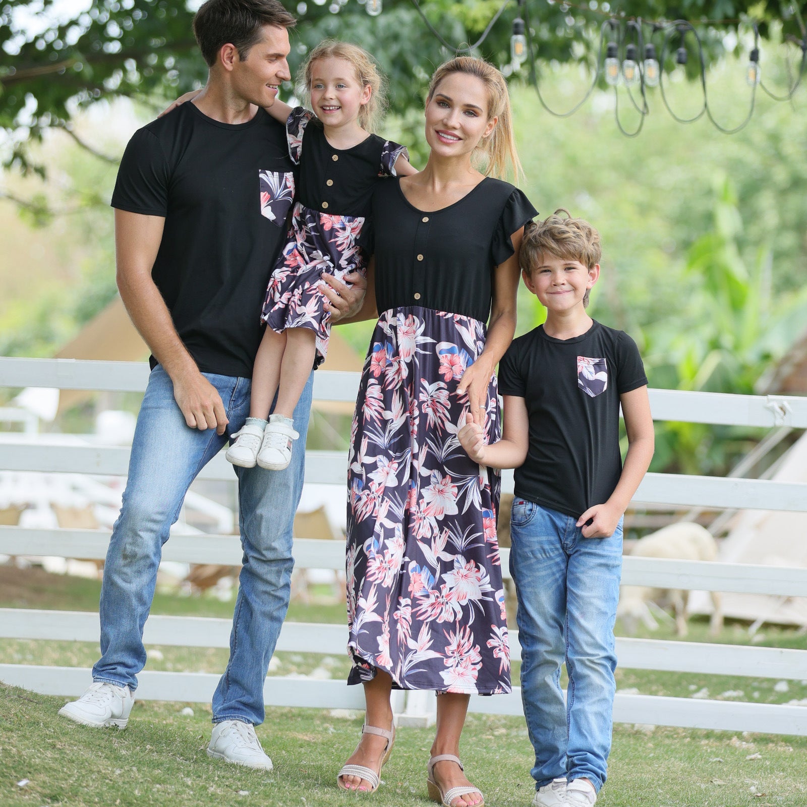 Family Matching Floral Print Splicing Dresses and Short-sleeve T-shirts Sets