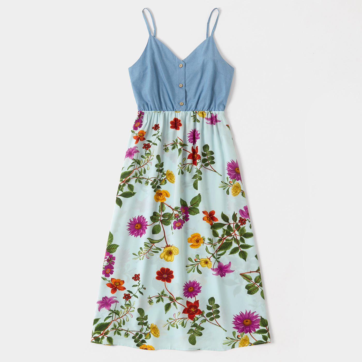 Floral Print Family Matching V Neck Sleeveless Dresses and T-shirts Sets