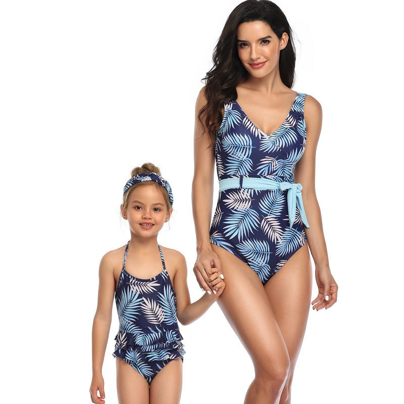 Mom and Daughter Tropical Print Knot Side Belted One Piece Swimsuit
