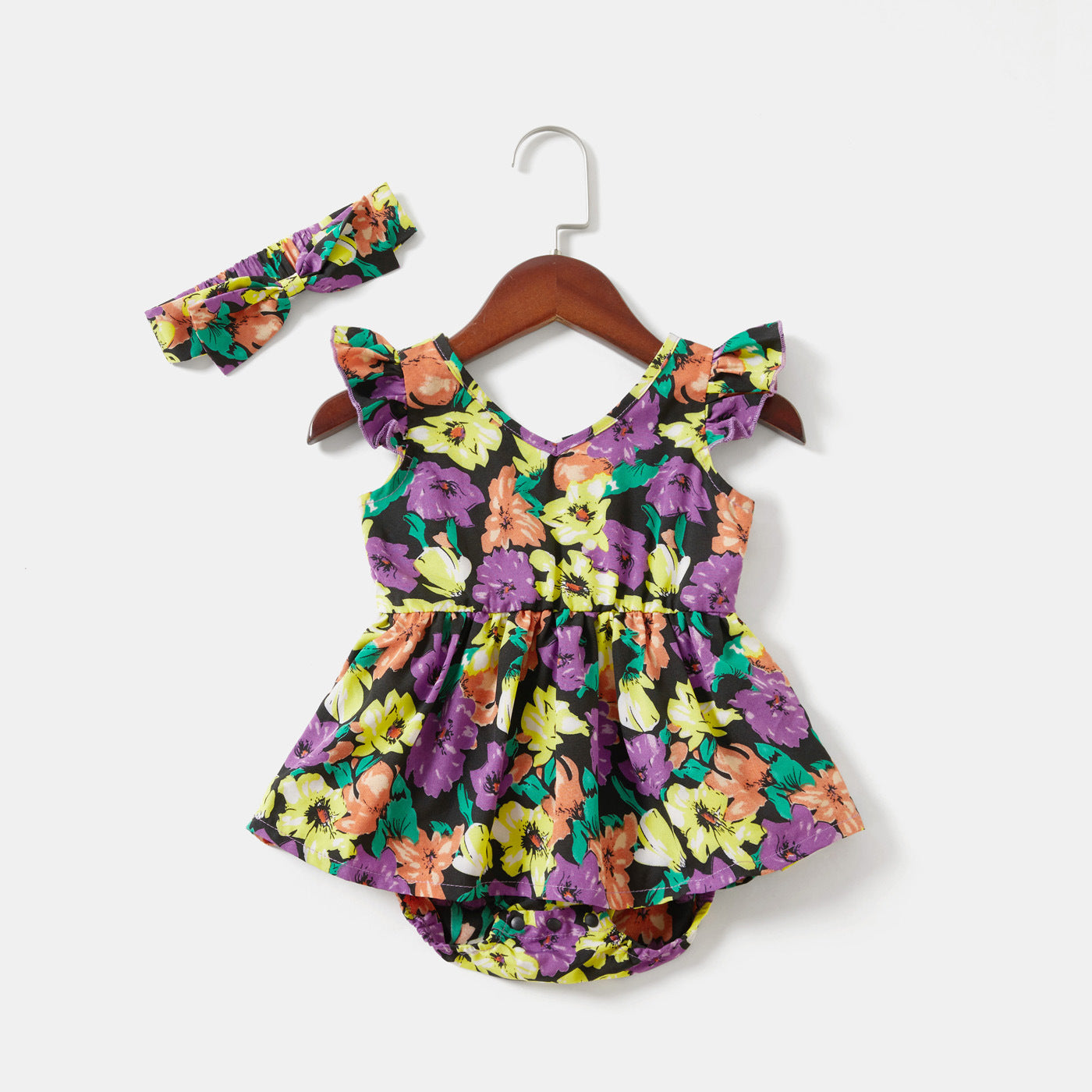 Floral Print V Neck Ruffle-sleeve Belted Dress for Mom and Me