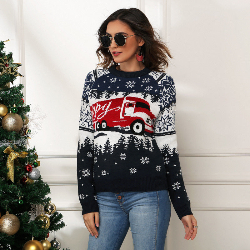 Women Snowflakes and Car Print Christmas Sweater