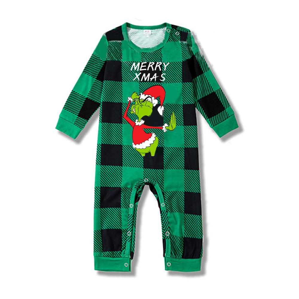 Christmas Cartoon and Letter Print Top and Green Plaid Pants Family Matching Pajamas Sets